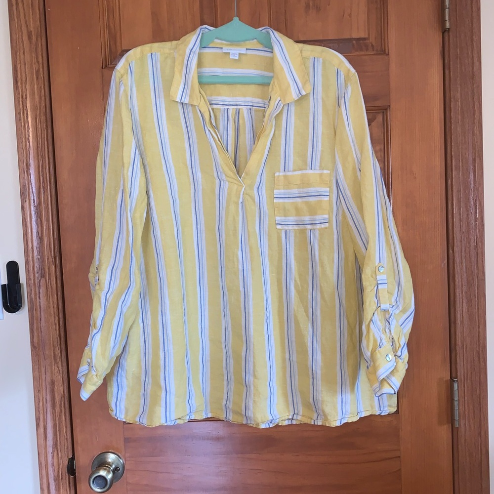 J.Jill Yellow and White Striped Linen Blouse